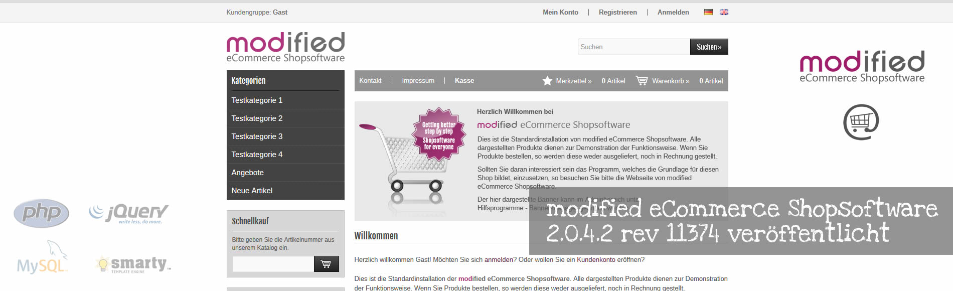 Die modified eCommerce Shopsoftware Verion 2.0.4.2 rev 11374 wurde am 23.07.2018 veröffentlicht