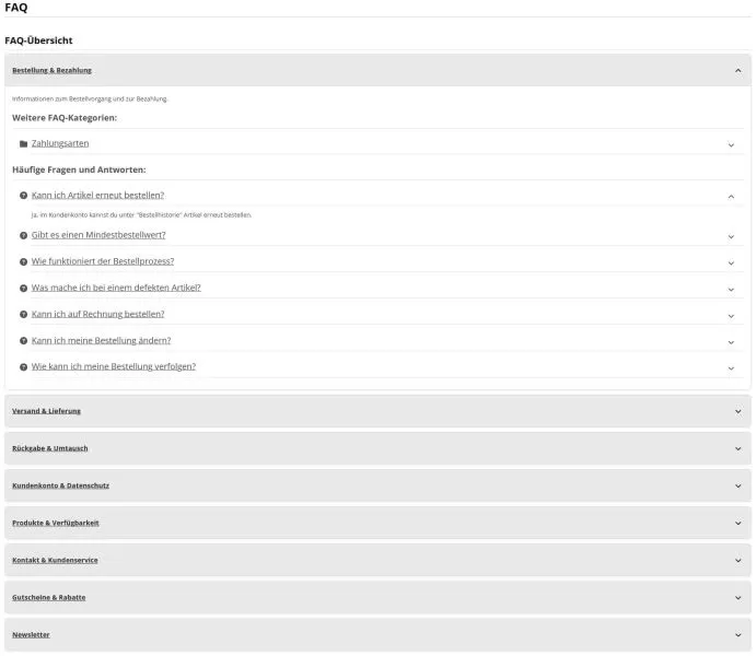 Übersichtsseite des FAQ-Bereich im Store-Frontend