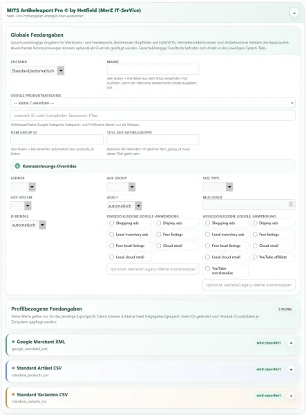 MITS Artikelexport Pro – Google Shopping & Produktfeeds